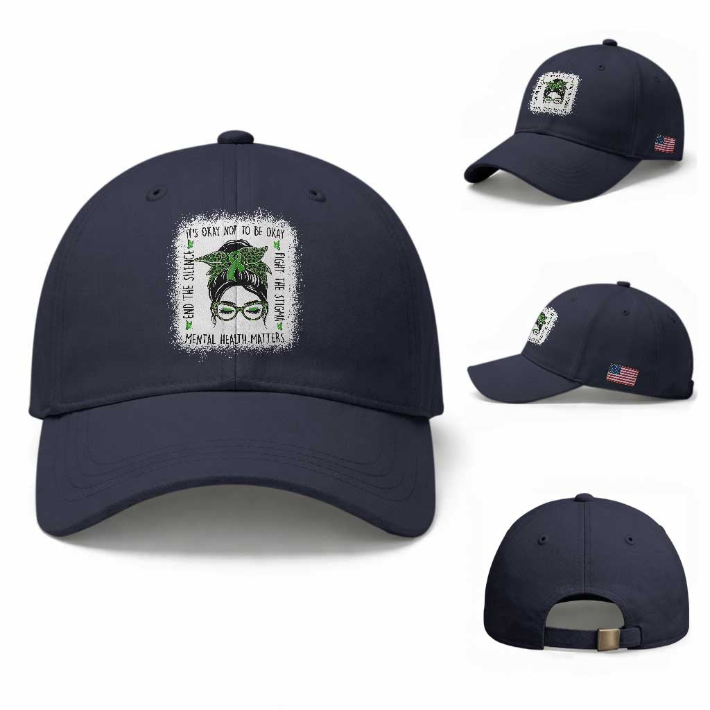 Mental Health Matters Baseball Cap Messy Bun Green Ribbon Support