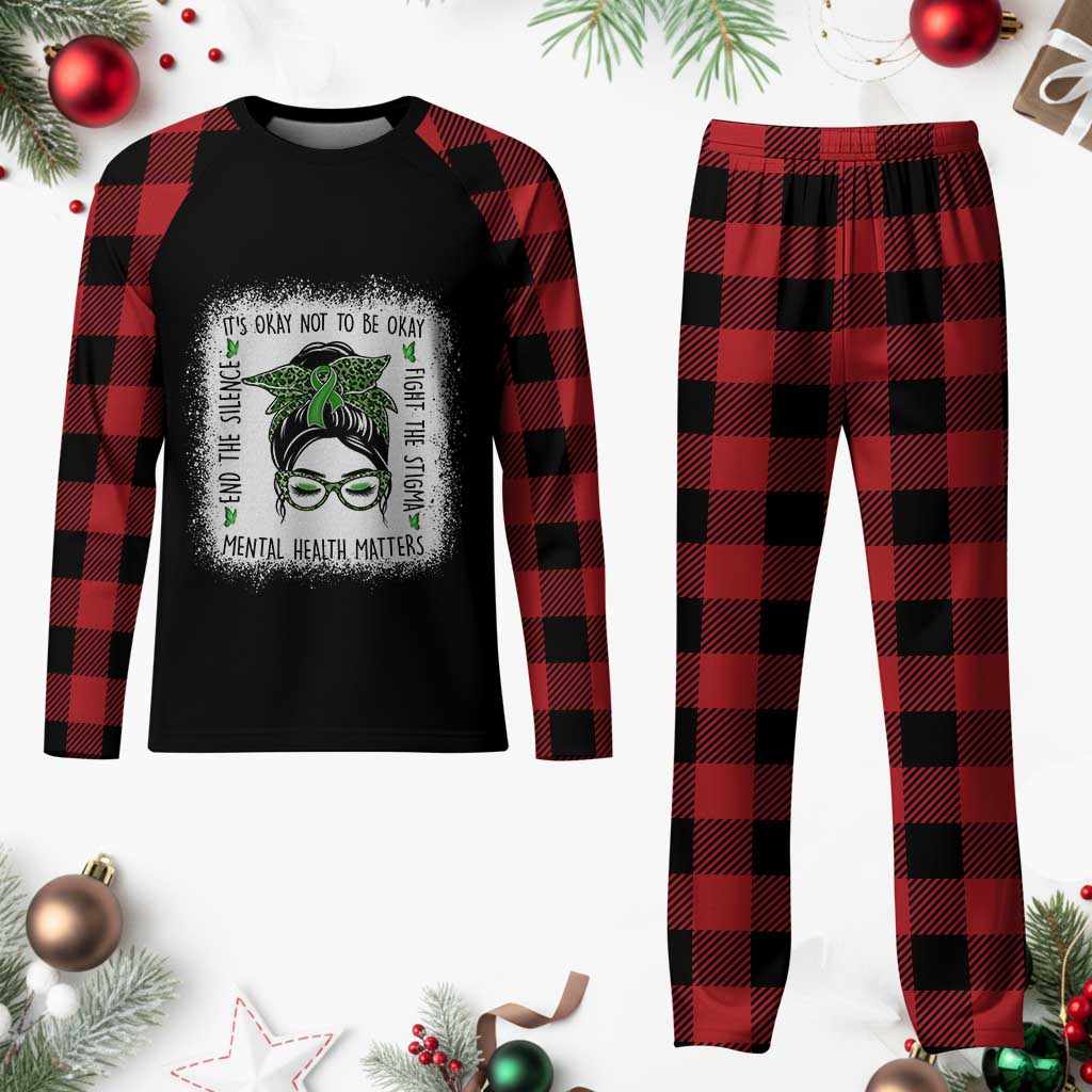 Mental Health Matters Plaid Pajama Set Messy Bun Green Ribbon Support