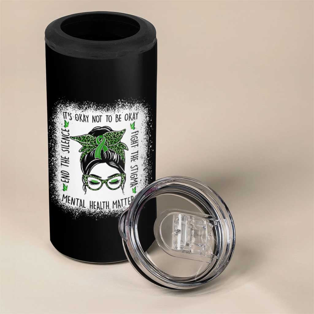 Mental Health Matters 4 in 1 Can Cooler Tumbler Messy Bun Green Ribbon Support