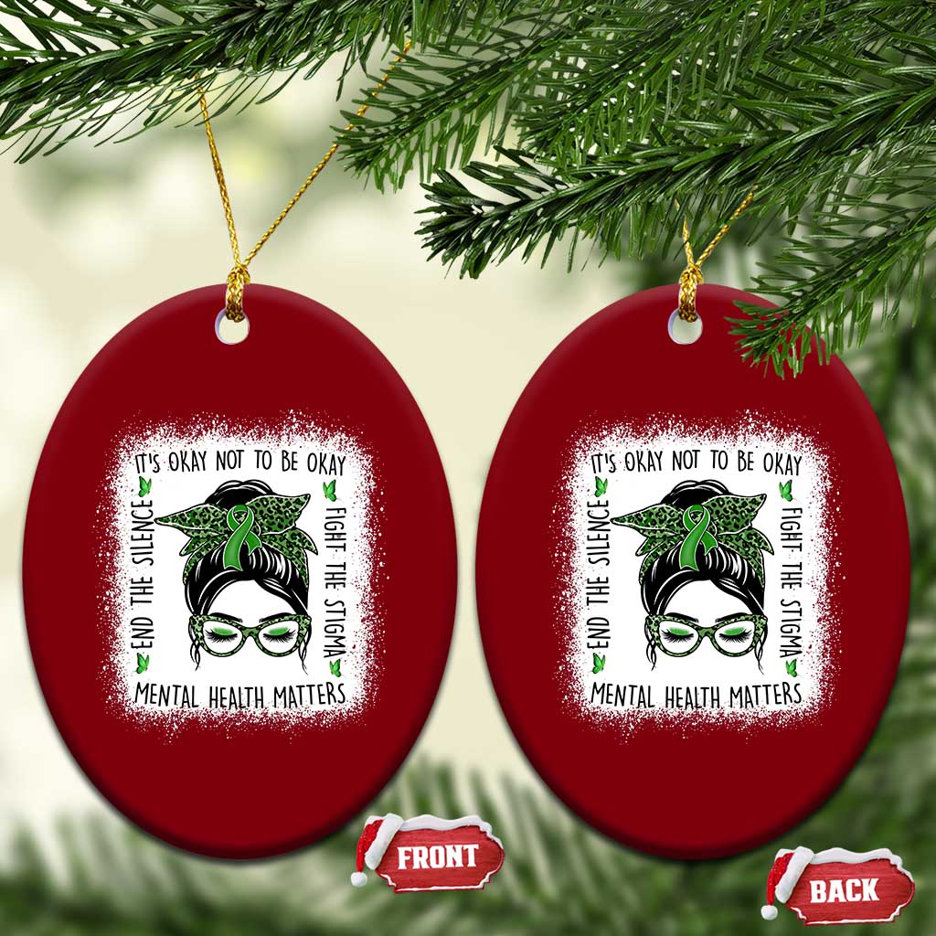 Mental Health Matters Ceramic Ornament Messy Bun Green Ribbon Support