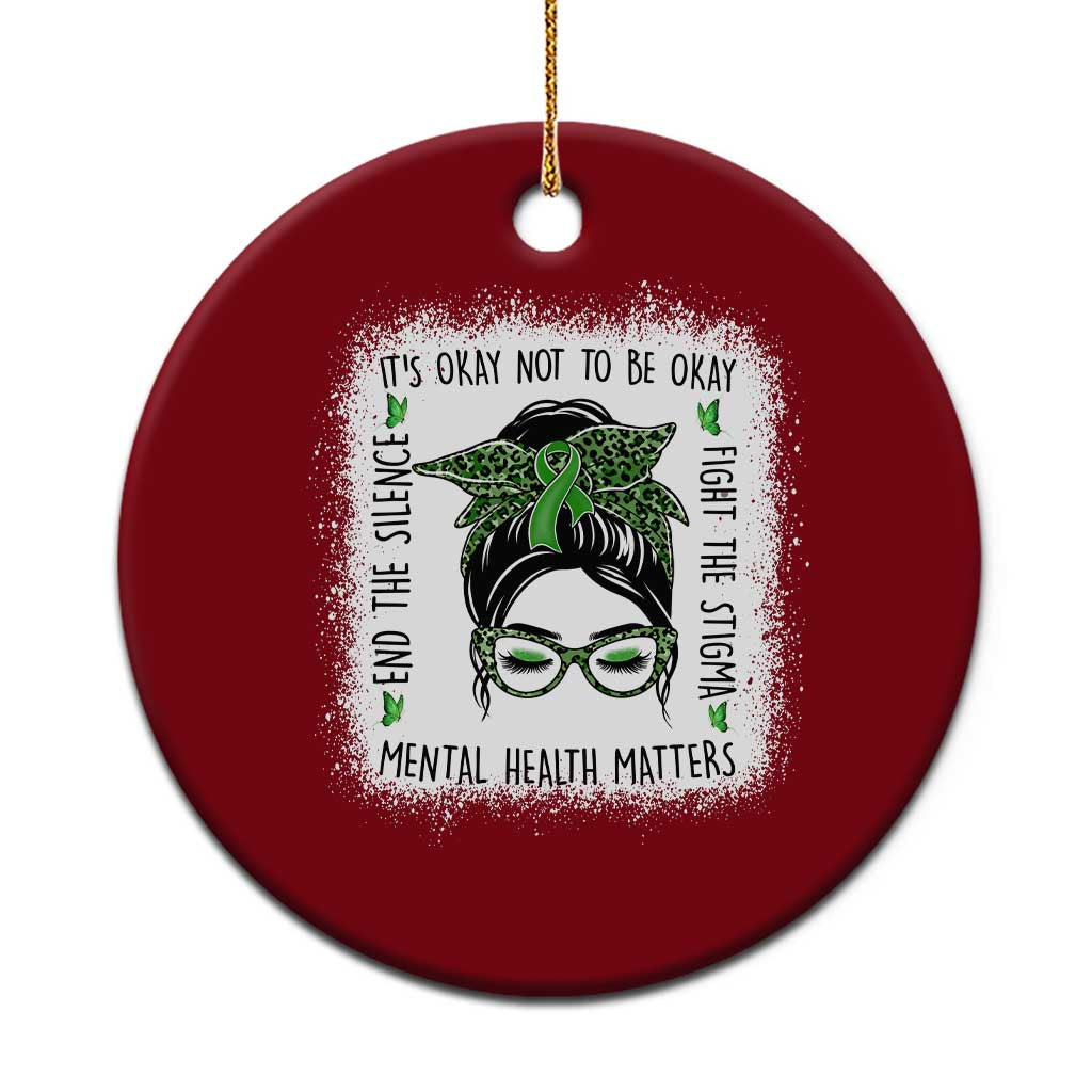 Mental Health Matters Ceramic Ornament Messy Bun Green Ribbon Support