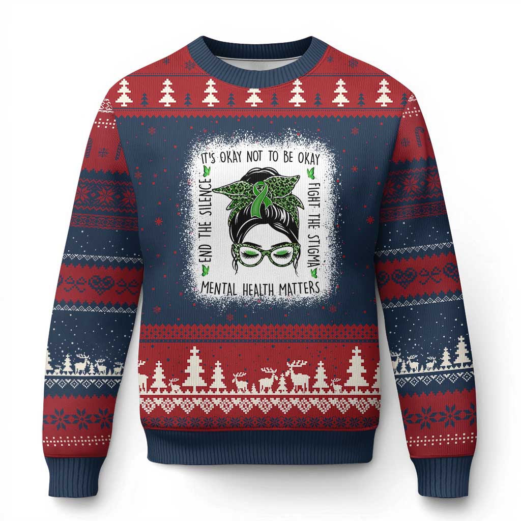 Mental Health Matters Ugly Christmas Sweater Messy Bun Green Ribbon Support