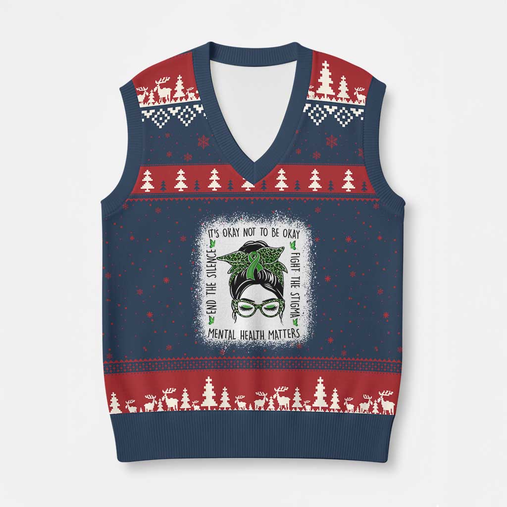 Mental Health Matters V-Neck Knit Sweater Vest Messy Bun Green Ribbon Support