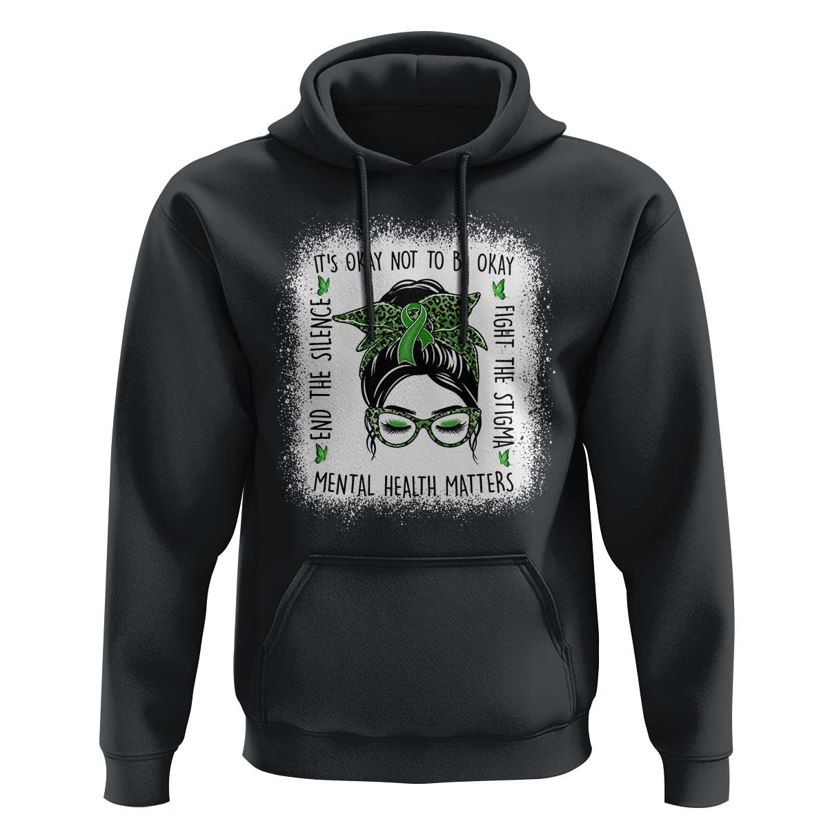 Mental Health Matters Hoodie Messy Bun Green Ribbon Support
