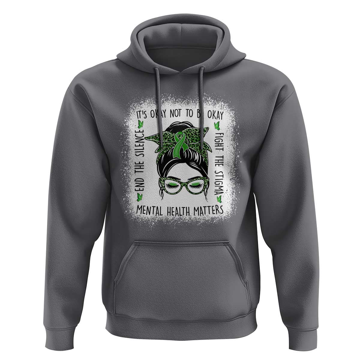 Mental Health Matters Hoodie Messy Bun Green Ribbon Support