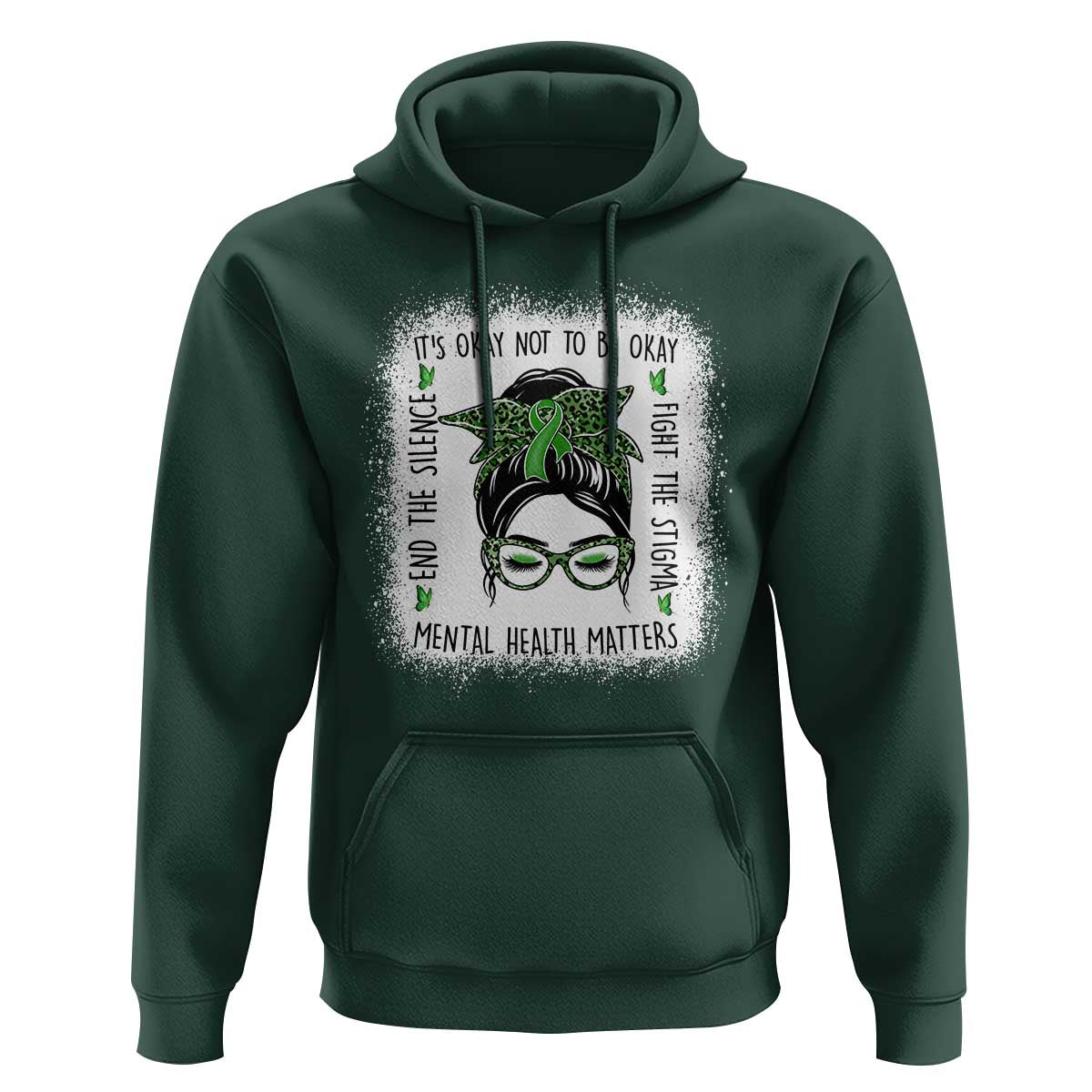 Mental Health Matters Hoodie Messy Bun Green Ribbon Support