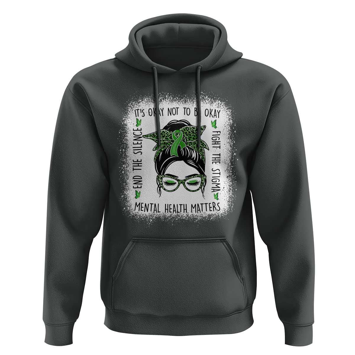 Mental Health Matters Hoodie Messy Bun Green Ribbon Support