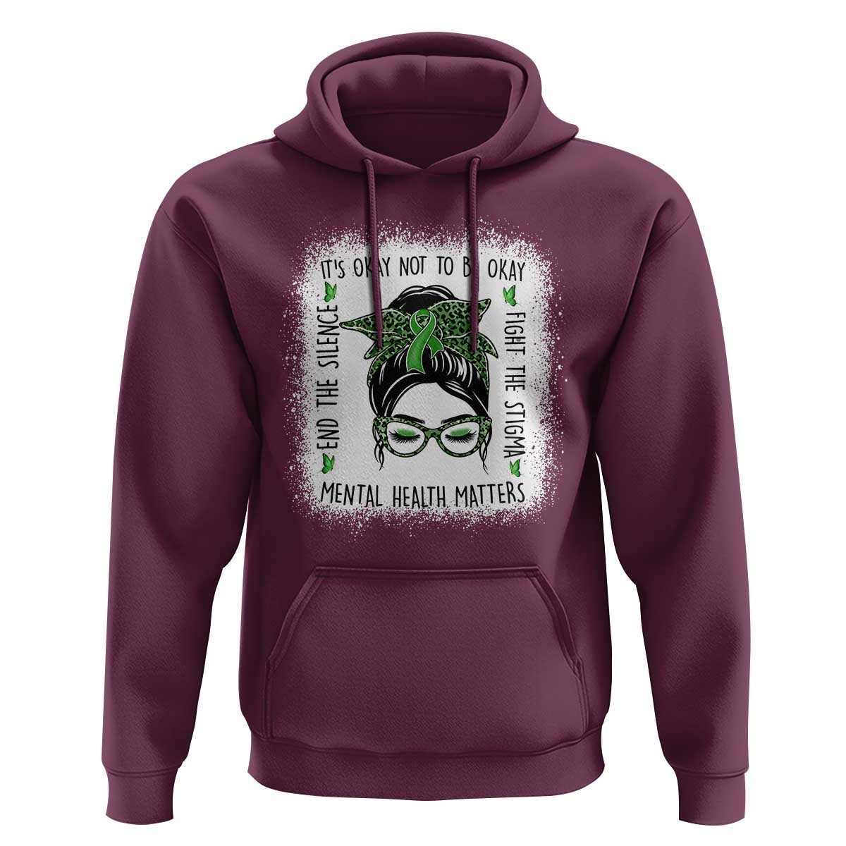 Mental Health Matters Hoodie Messy Bun Green Ribbon Support