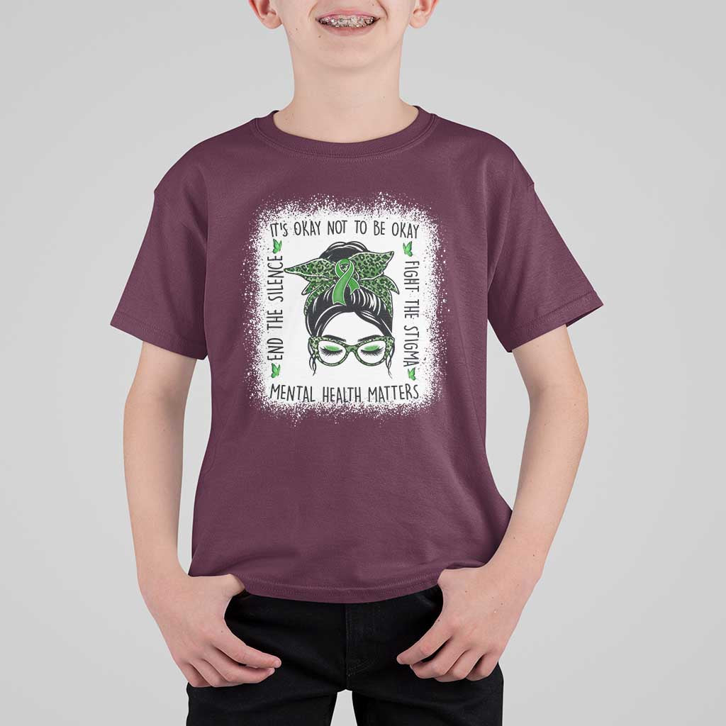Mental Health Matters T Shirt For Kid Messy Bun Green Ribbon Support