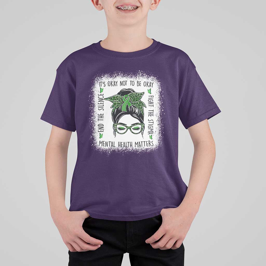 Mental Health Matters T Shirt For Kid Messy Bun Green Ribbon Support
