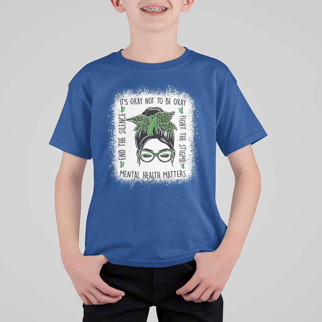 Mental Health Matters T Shirt For Kid Messy Bun Green Ribbon Support