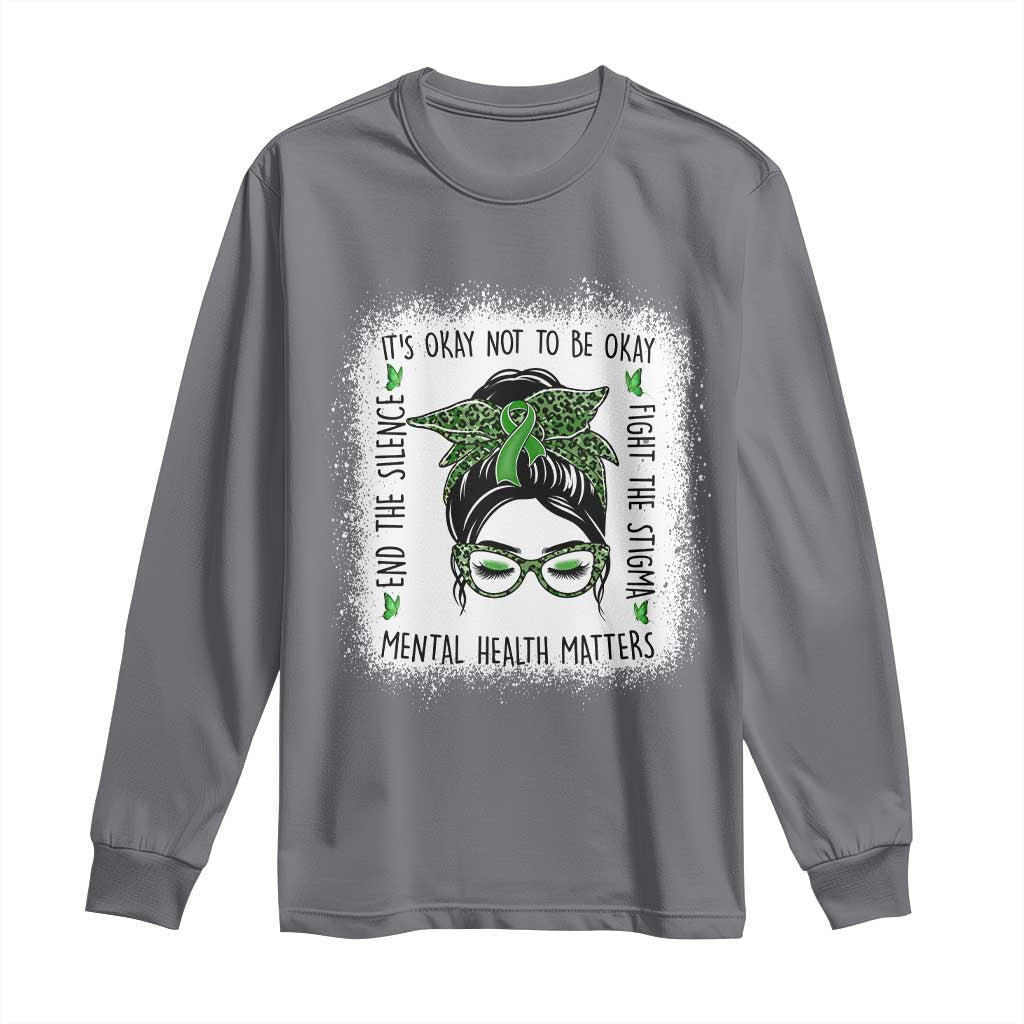 Mental Health Matters Long Sleeve Shirt Messy Bun Green Ribbon Support
