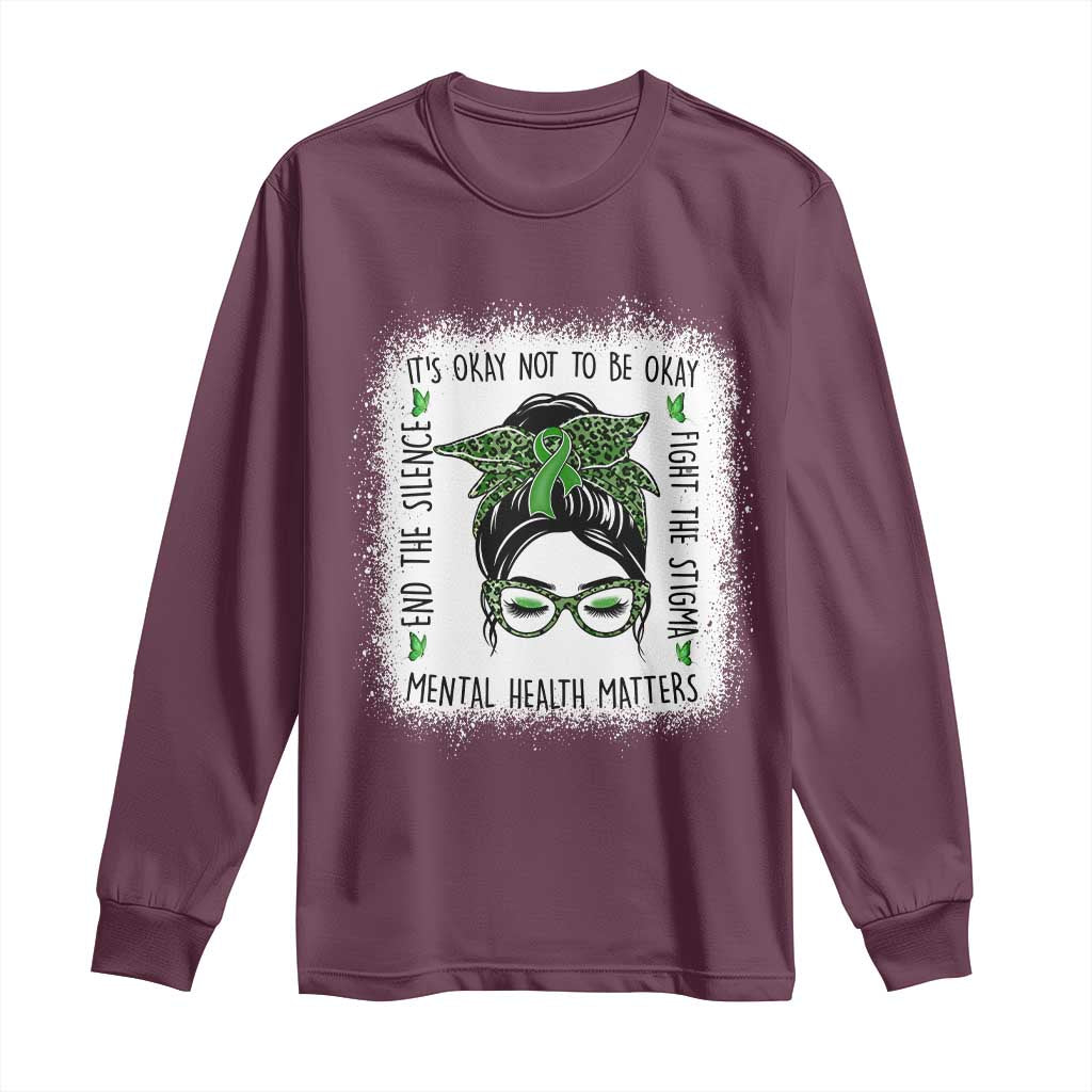 Mental Health Matters Long Sleeve Shirt Messy Bun Green Ribbon Support