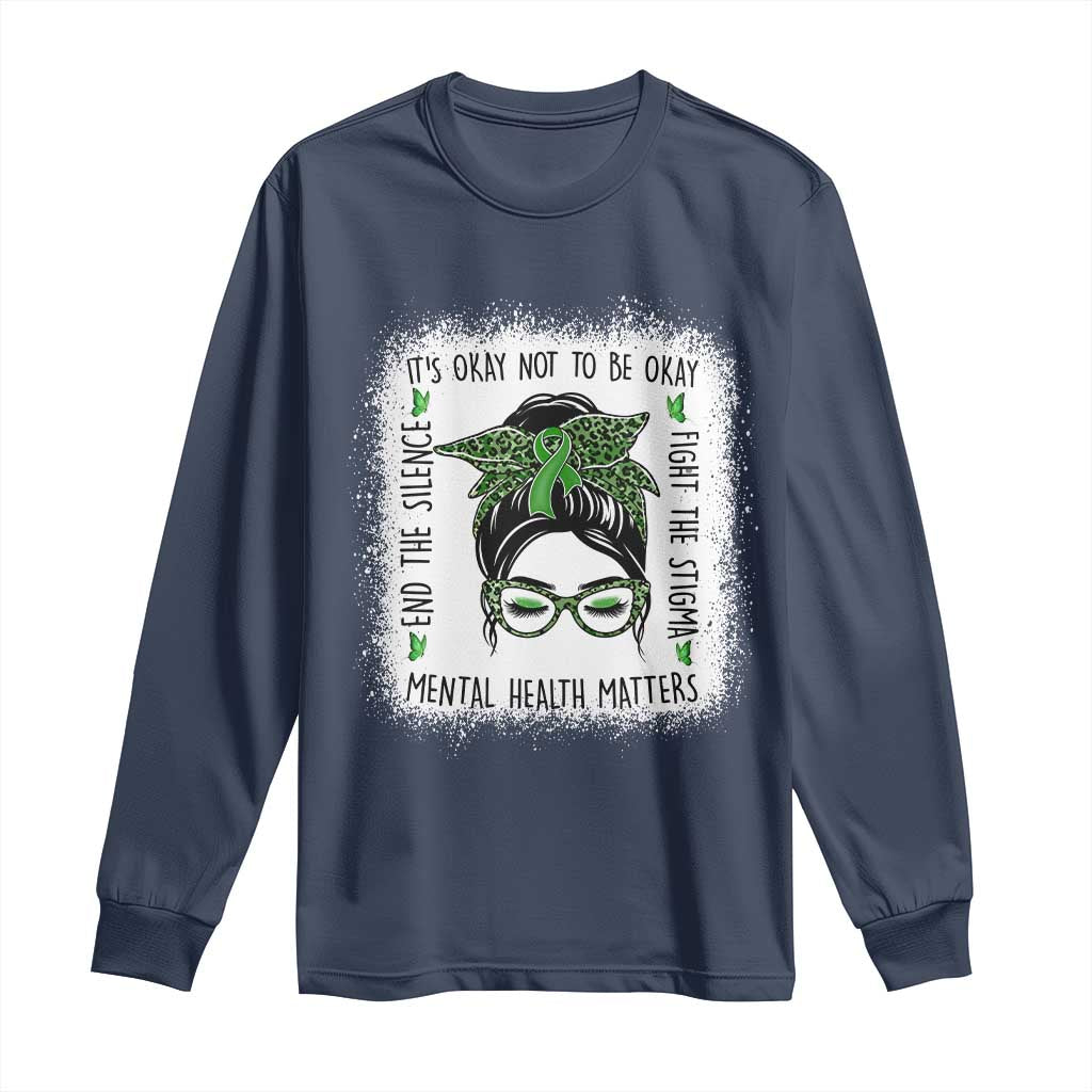 Mental Health Matters Long Sleeve Shirt Messy Bun Green Ribbon Support