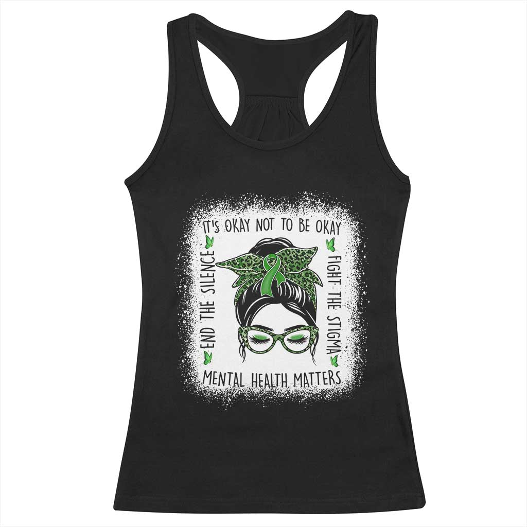 Mental Health Matters Racerback Tank Top Messy Bun Green Ribbon Support