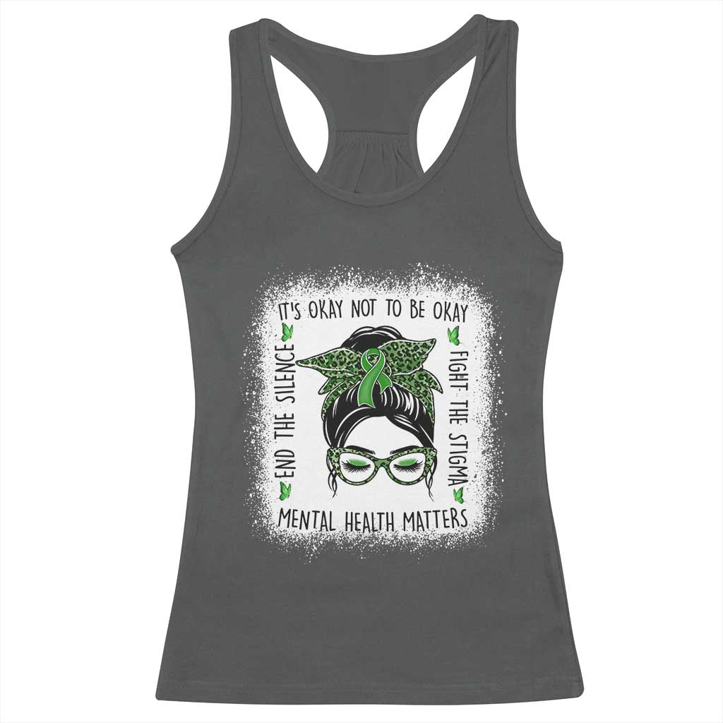 Mental Health Matters Racerback Tank Top Messy Bun Green Ribbon Support