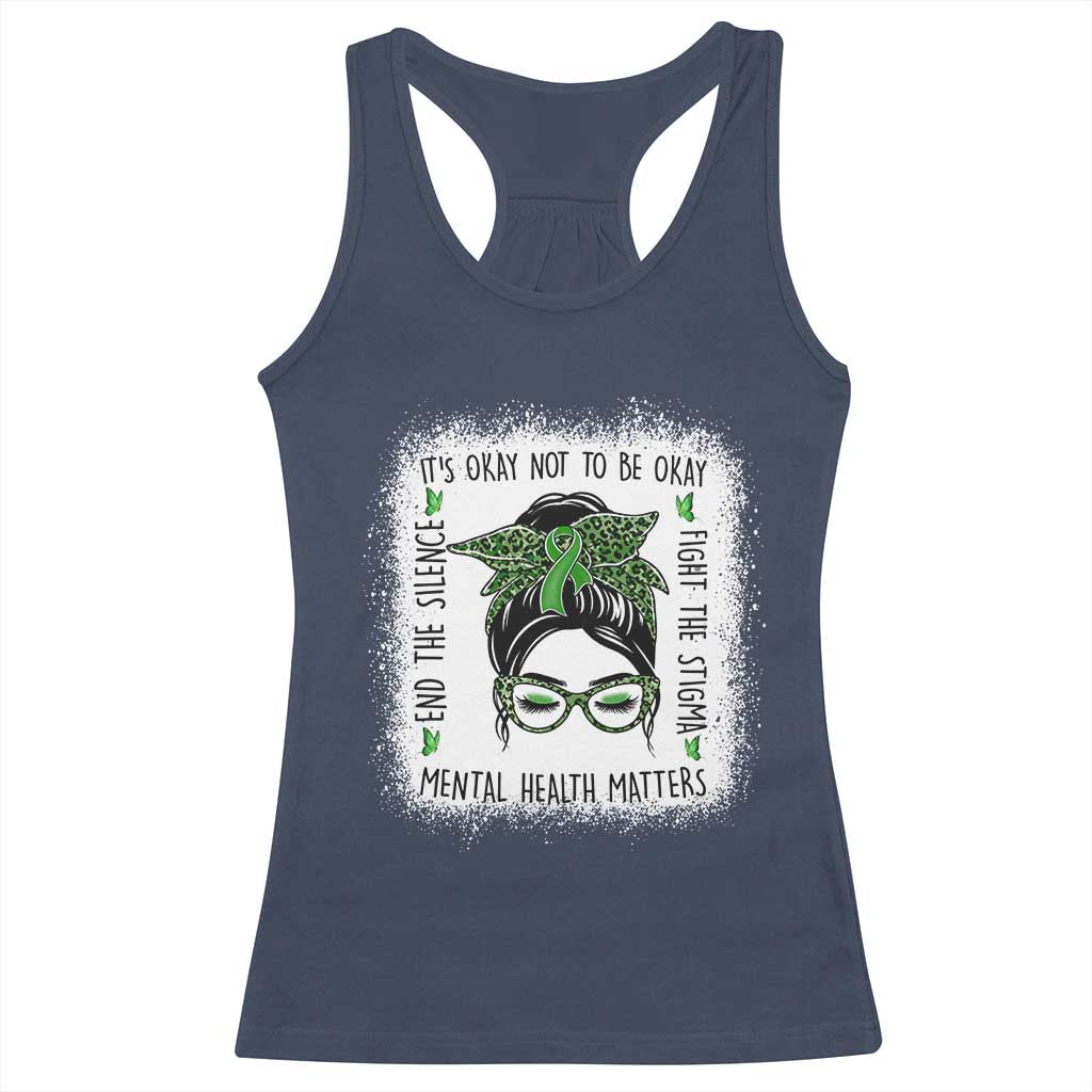 Mental Health Matters Racerback Tank Top Messy Bun Green Ribbon Support