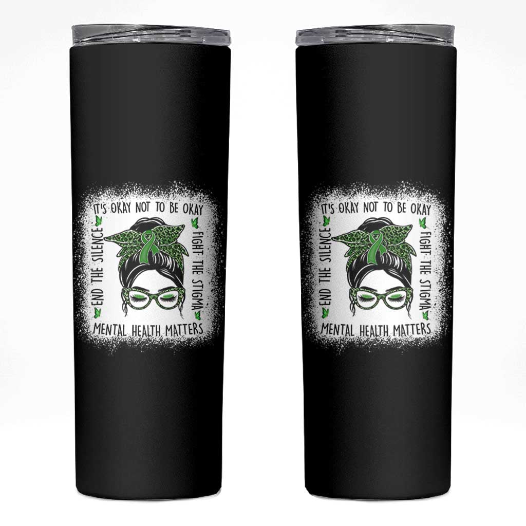 Mental Health Matters Skinny Tumbler Messy Bun Green Ribbon Support