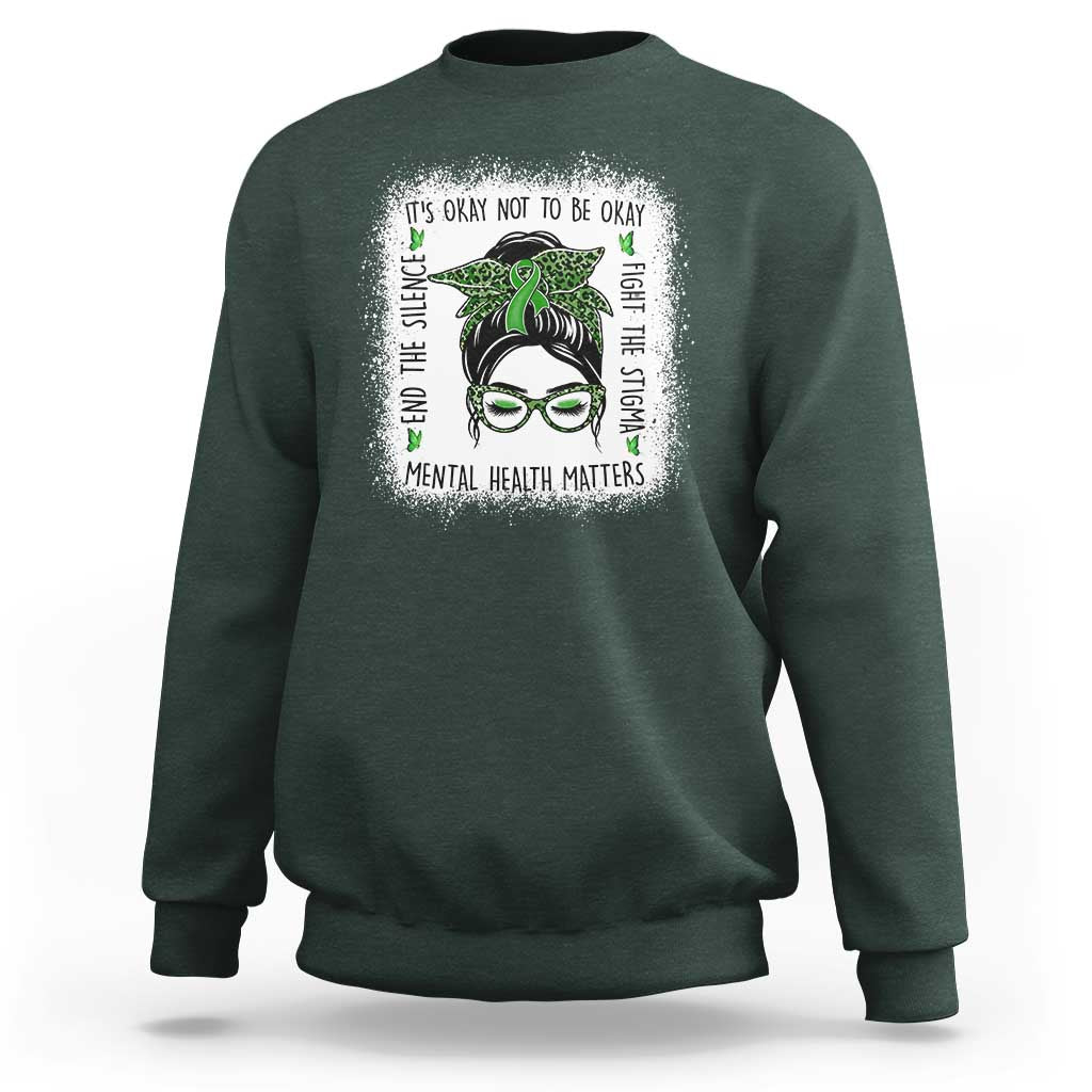 Mental Health Matters Sweatshirt Messy Bun Green Ribbon Support