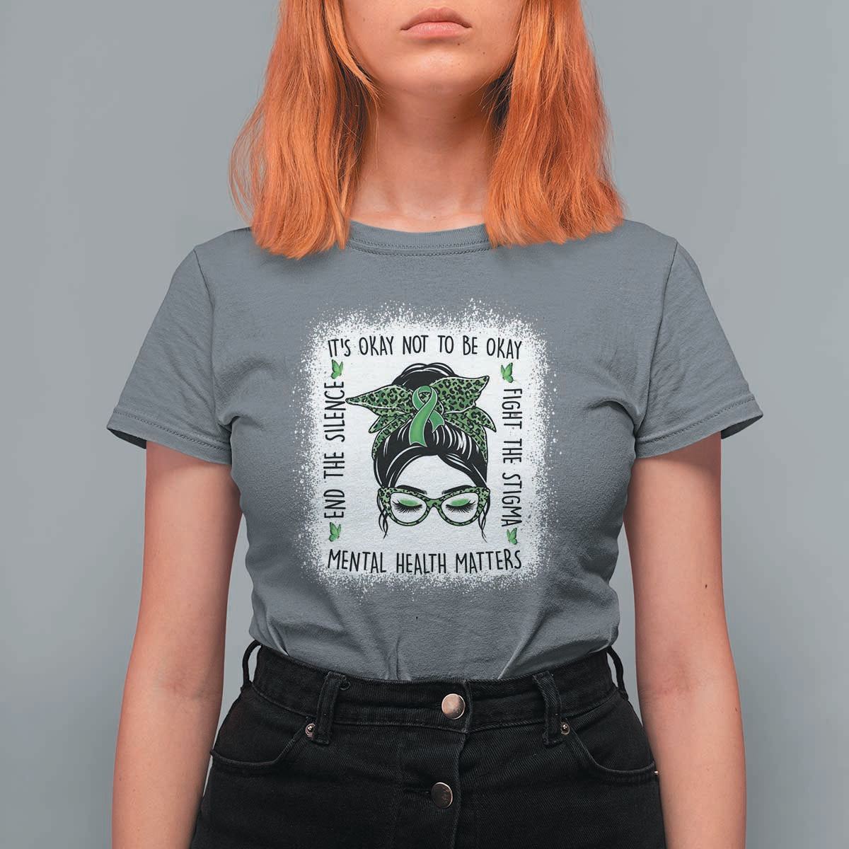 Mental Health Matters T Shirt For Women Messy Bun Green Ribbon Support