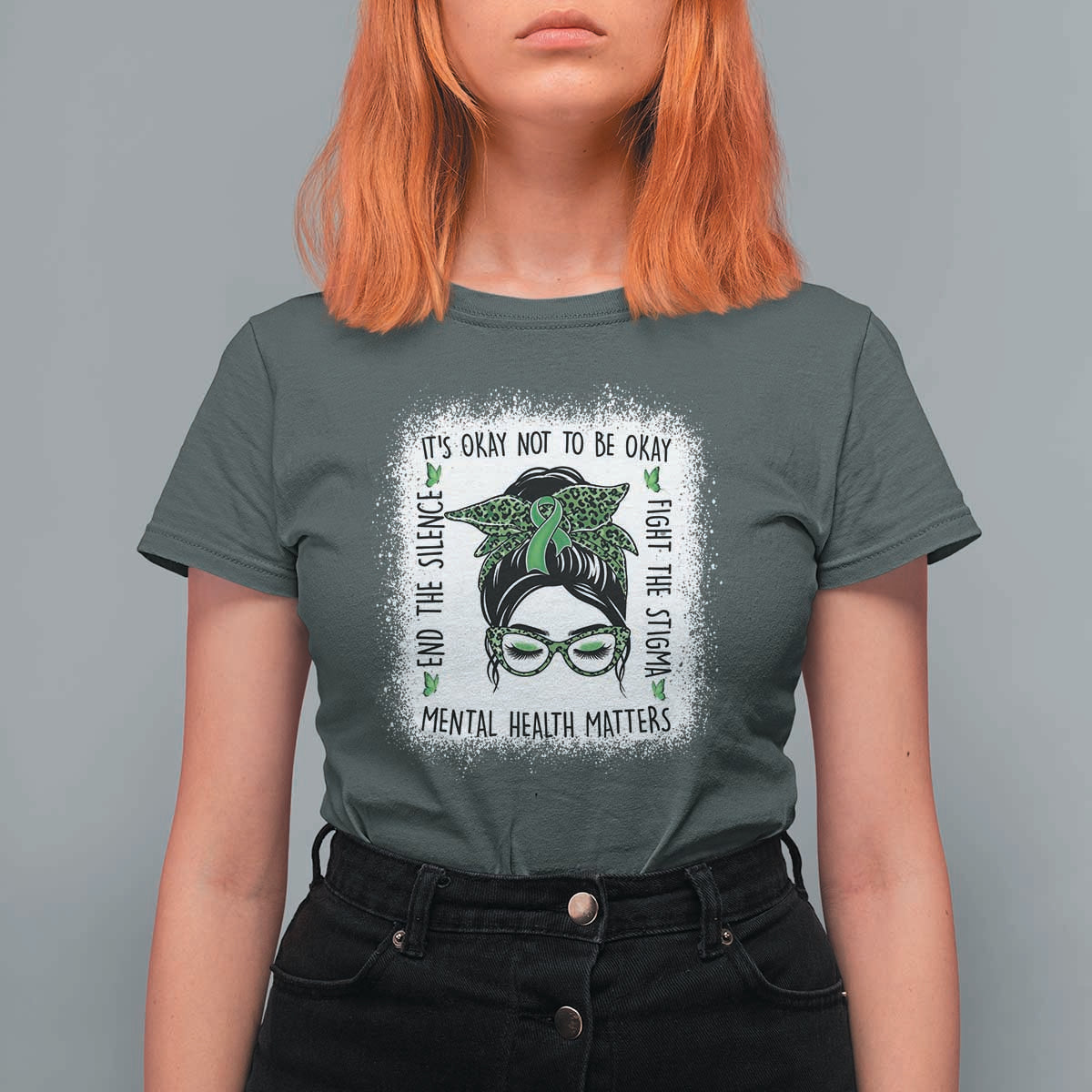 Mental Health Matters T Shirt For Women Messy Bun Green Ribbon Support