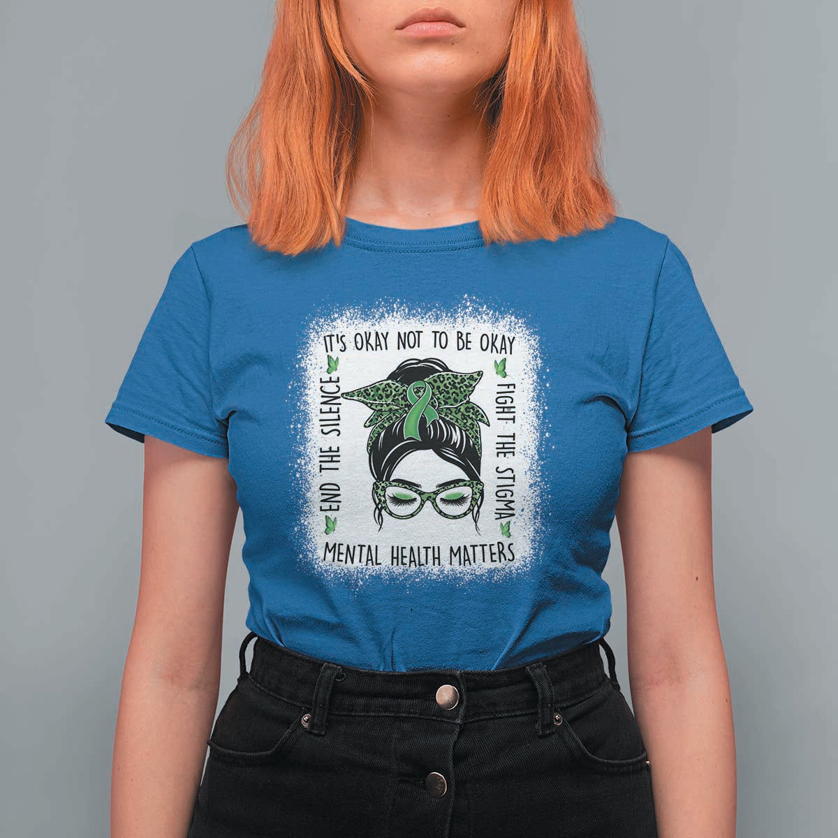 Mental Health Matters T Shirt For Women Messy Bun Green Ribbon Support