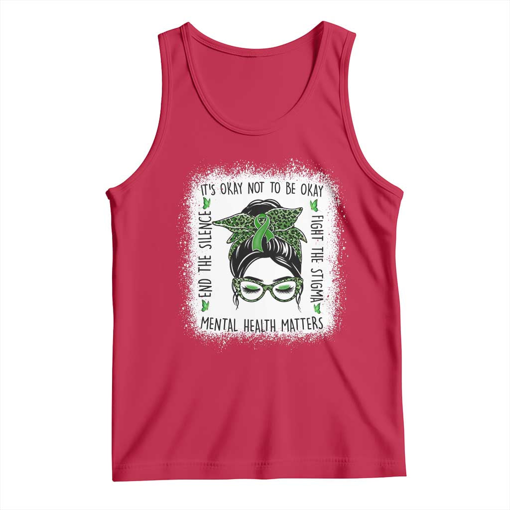 Mental Health Matters Tank Top Messy Bun Green Ribbon Support