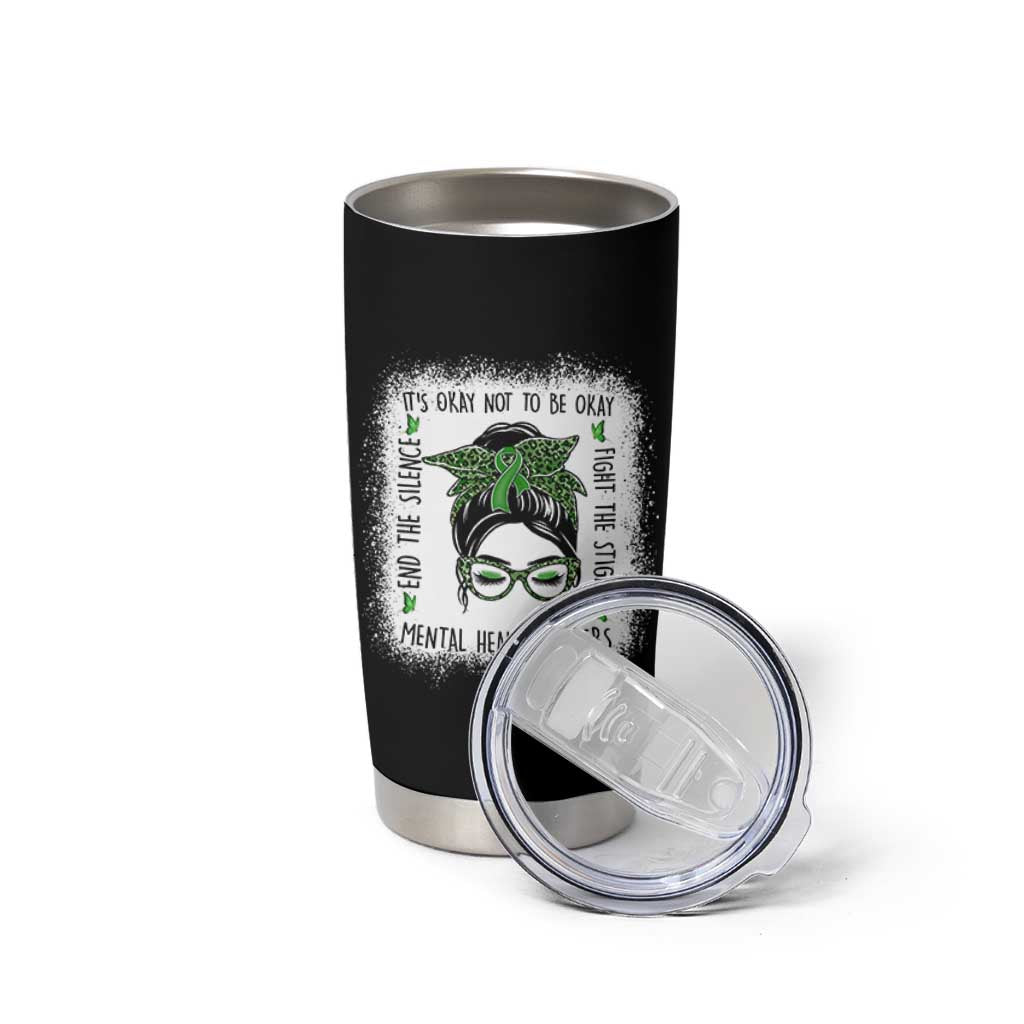 Mental Health Matters Tumbler Cup Messy Bun Green Ribbon Support