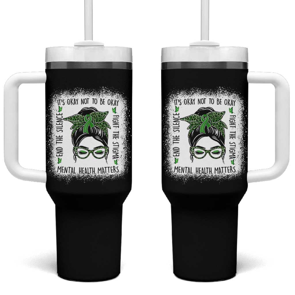 Mental Health Matters Tumbler With Handle Messy Bun Green Ribbon Support