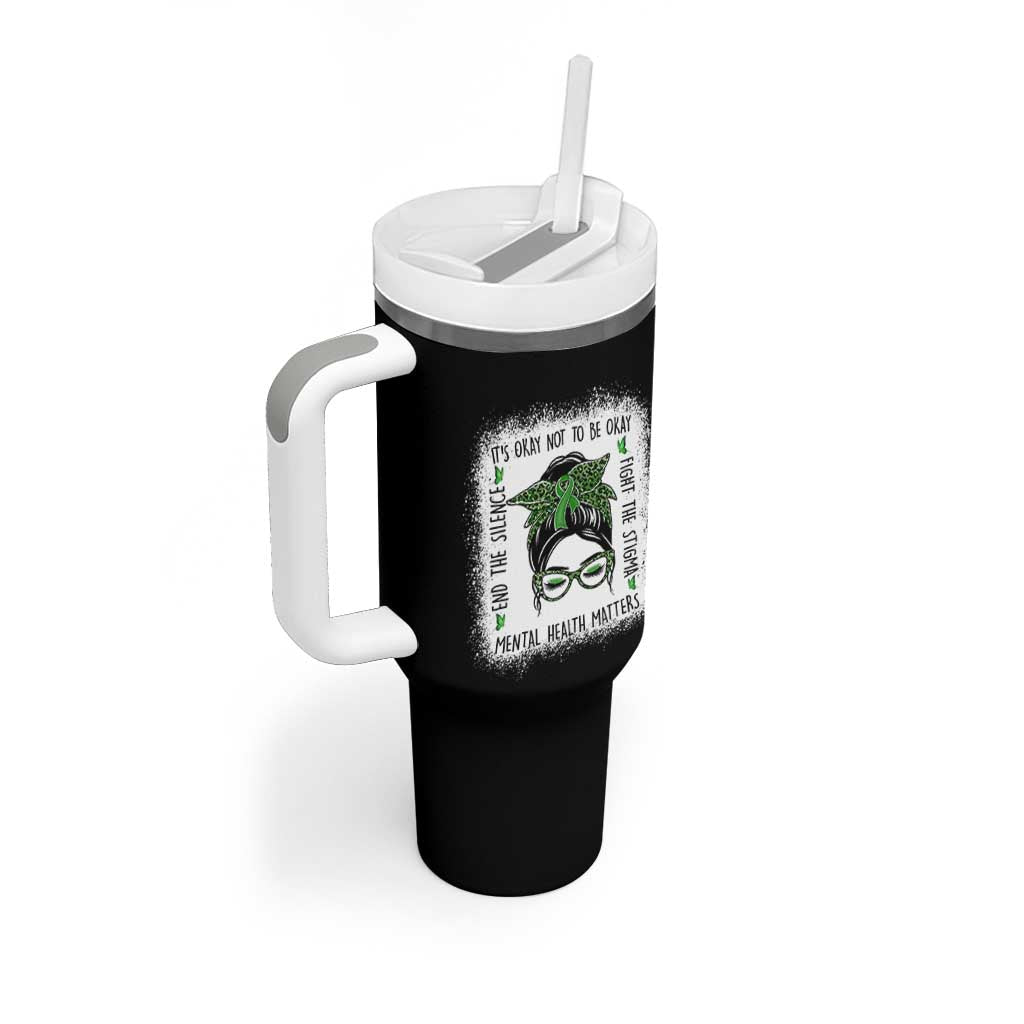 Mental Health Matters Tumbler With Handle Messy Bun Green Ribbon Support