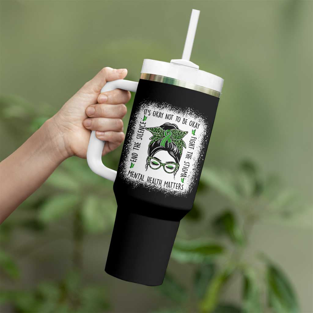 Mental Health Matters Tumbler With Handle Messy Bun Green Ribbon Support