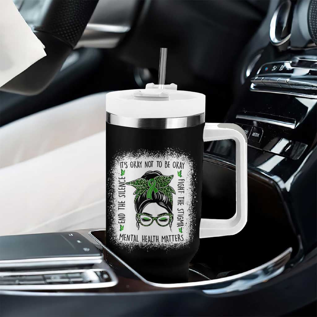 Mental Health Matters Tumbler With Handle Messy Bun Green Ribbon Support