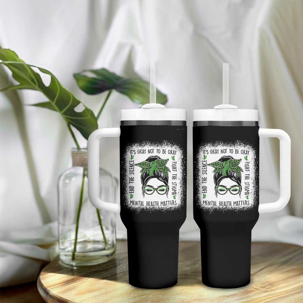 Mental Health Matters Tumbler With Handle Messy Bun Green Ribbon Support