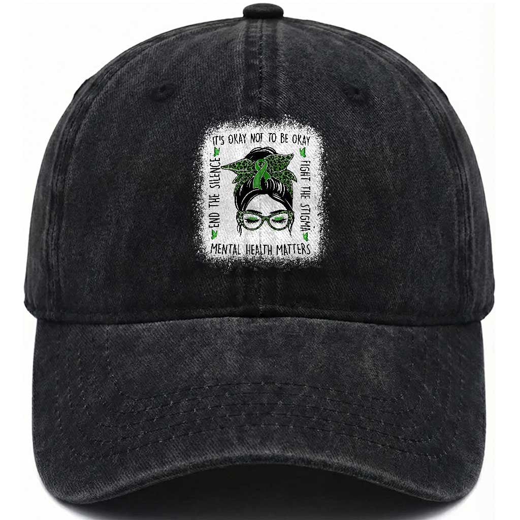 Mental Health Matters Washed Cotton Baseball Cap Messy Bun Green Ribbon Support