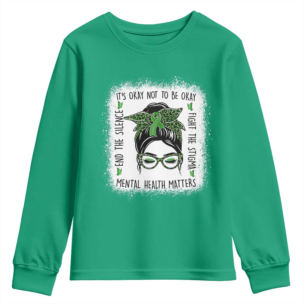Mental Health Matters Youth Sweatshirt Messy Bun Green Ribbon Support