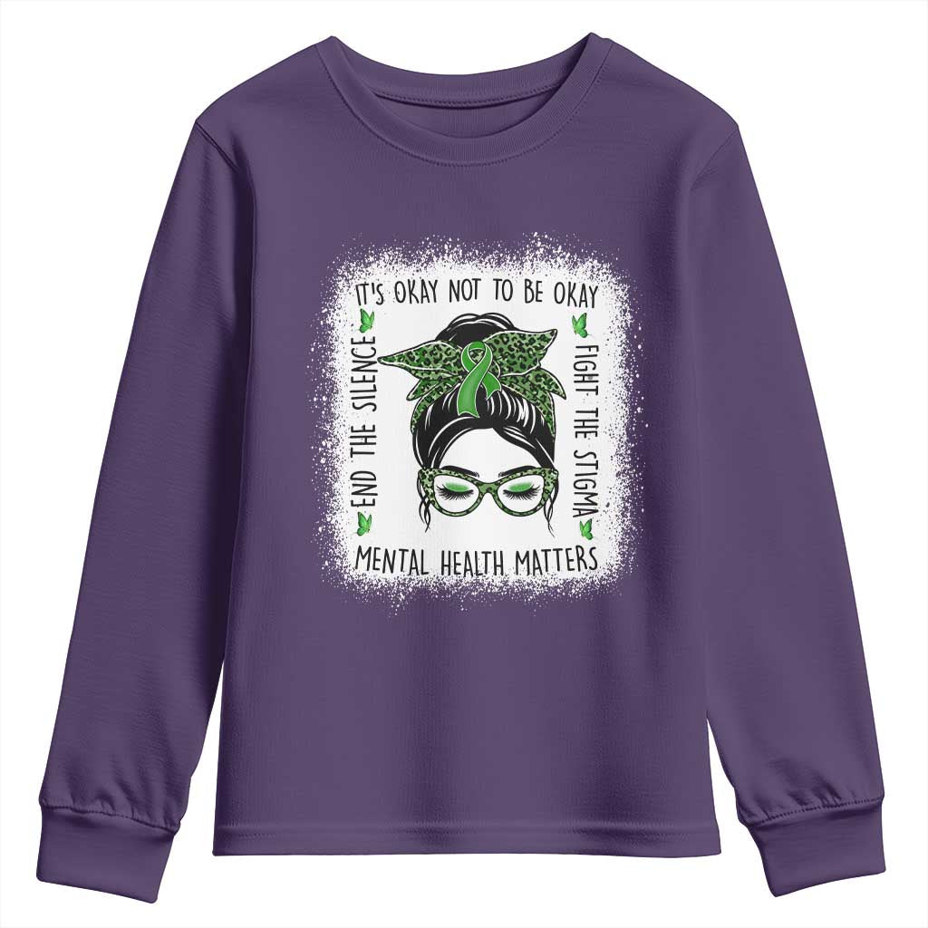 Mental Health Matters Youth Sweatshirt Messy Bun Green Ribbon Support
