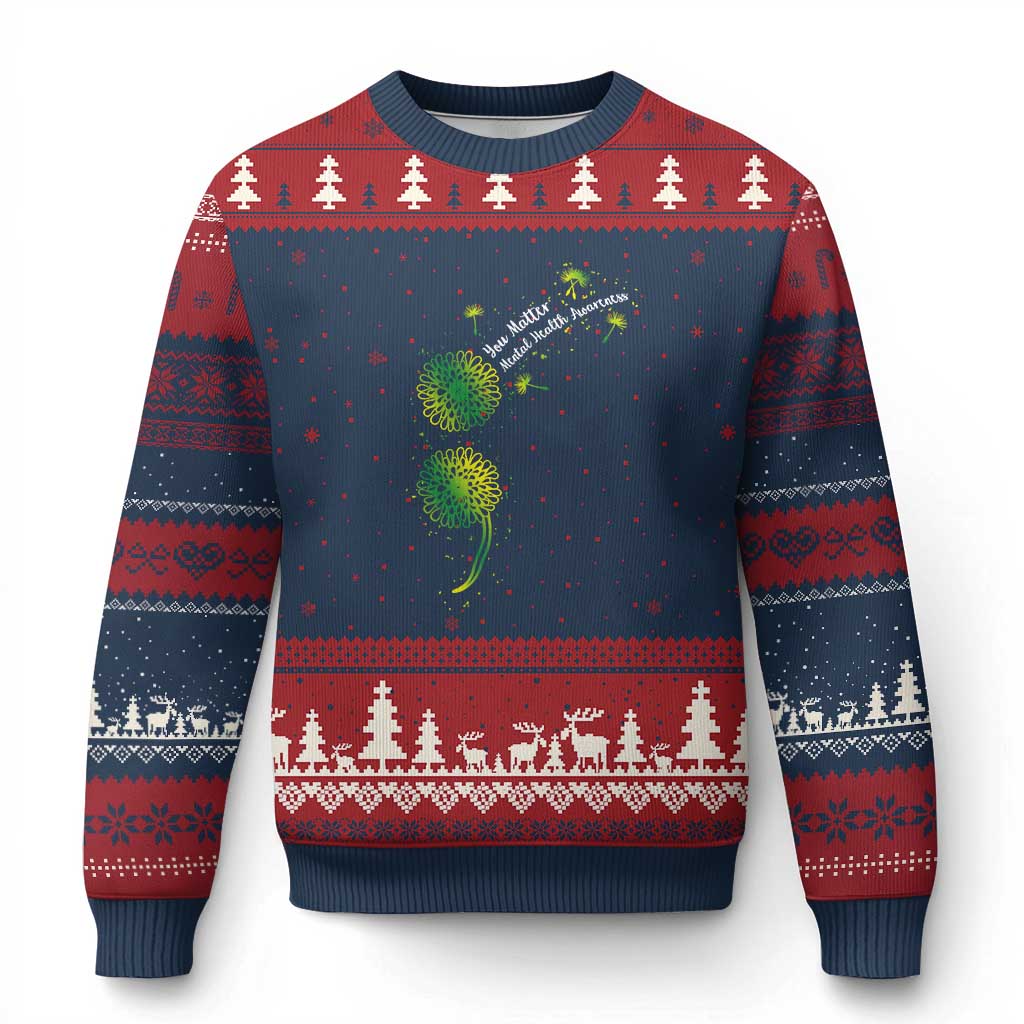 Mental Health Awarenes Ugly Christmas Sweater Semicolon Dandelion You Matter