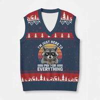 I'm Just Here to Pay for Everything V-Neck Knit Sweater Vest Funny Raccoon Dad Granpa Joke
