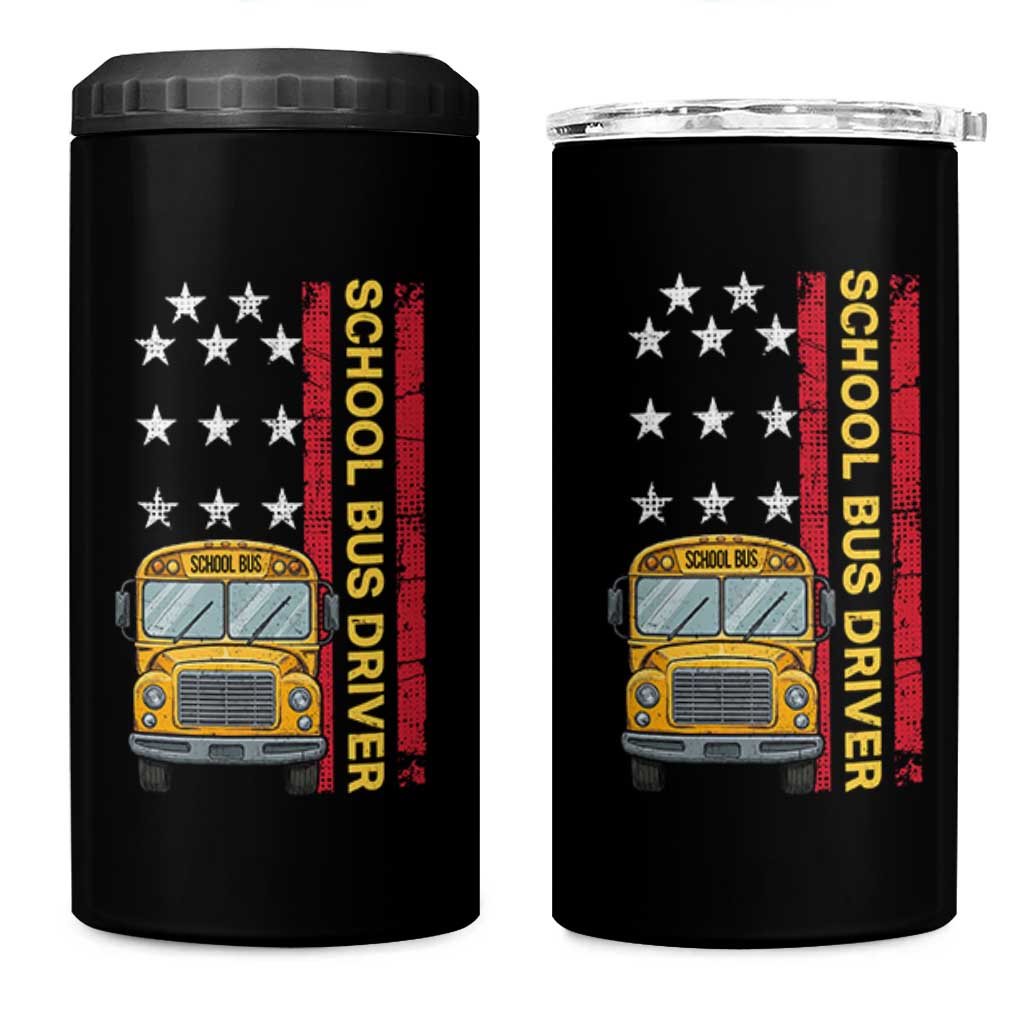 Patriotic School Bus Driver USA American Flag 4 in 1 Can Cooler Tumbler