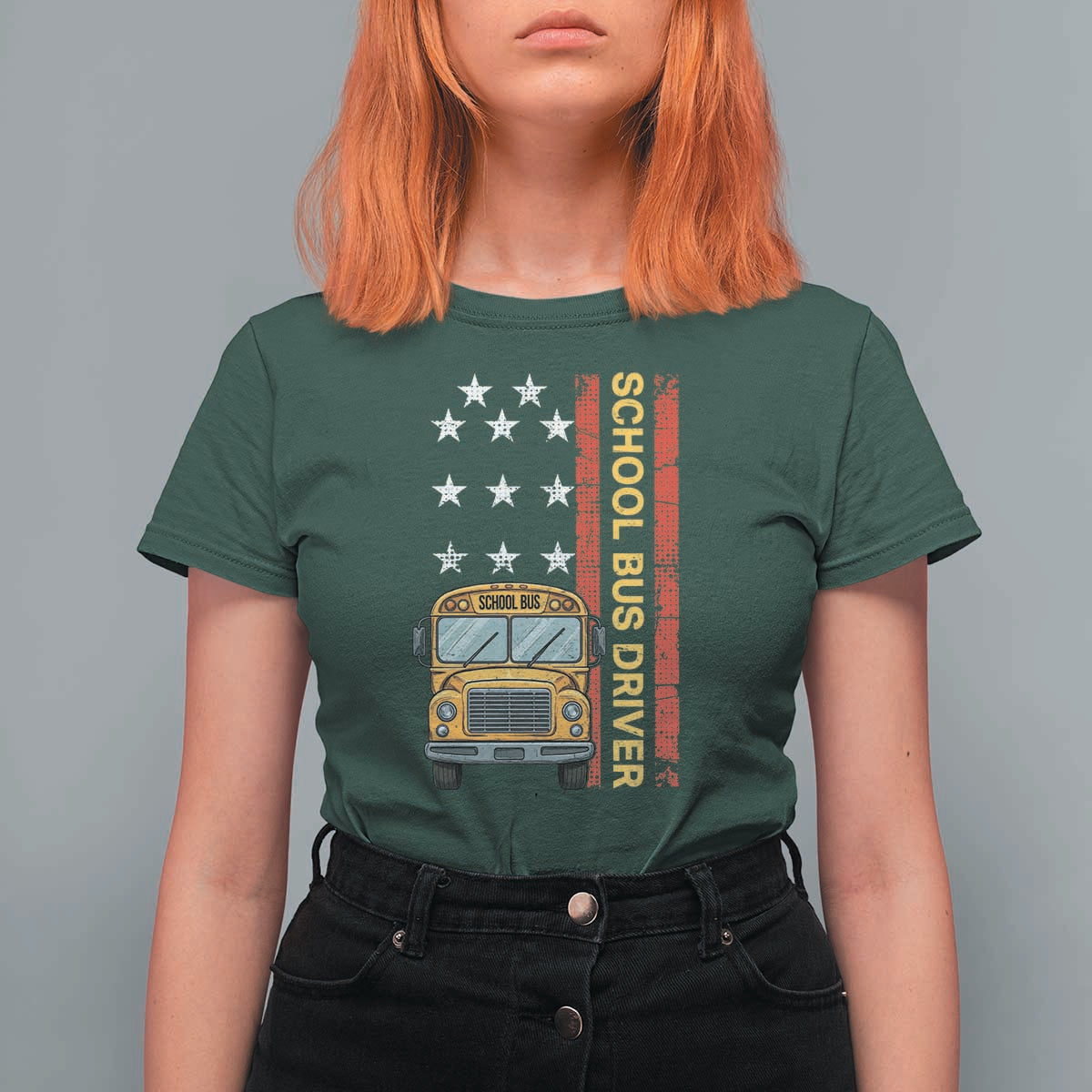 Patriotic School Bus Driver USA American Flag T Shirt For Women