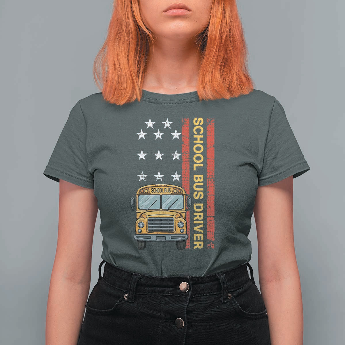 Patriotic School Bus Driver USA American Flag T Shirt For Women