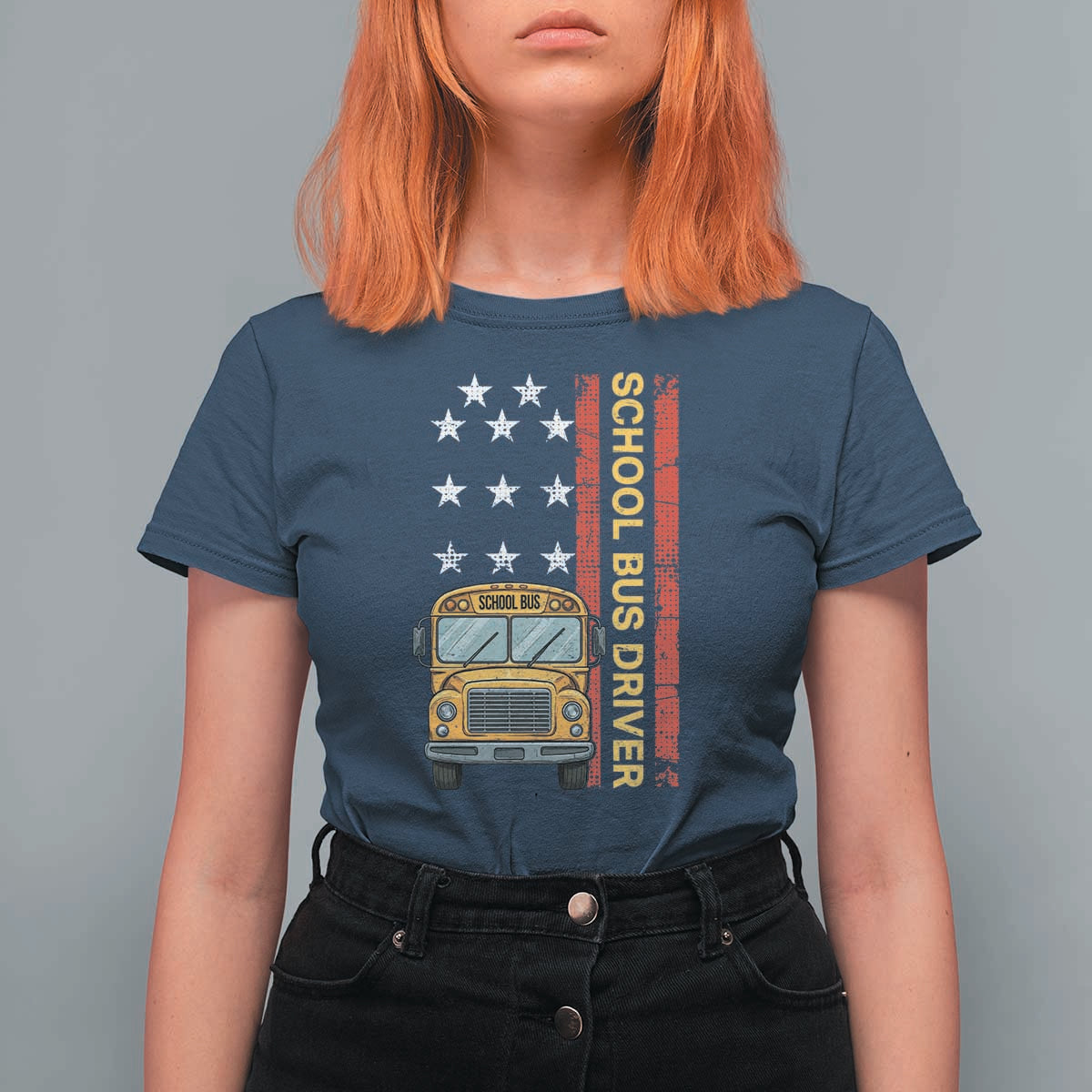 Patriotic School Bus Driver USA American Flag T Shirt For Women