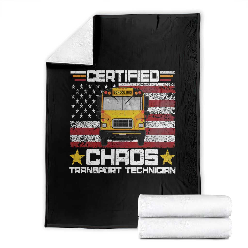 Certified Chaos Transport Technician Throw Blanket Patriotic School Bus Driver USA American Flag