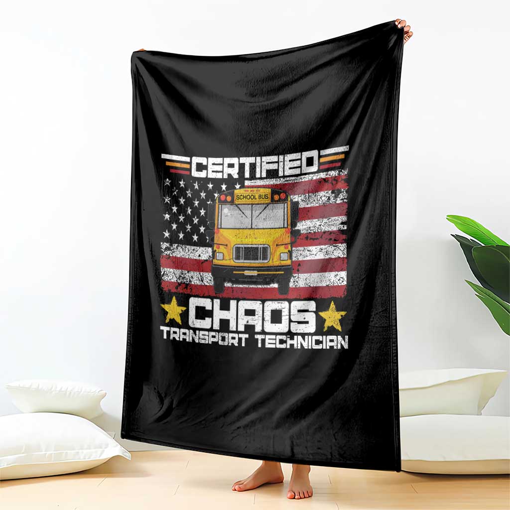 Certified Chaos Transport Technician Throw Blanket Patriotic School Bus Driver USA American Flag