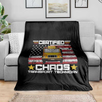 Certified Chaos Transport Technician Throw Blanket Patriotic School Bus Driver USA American Flag