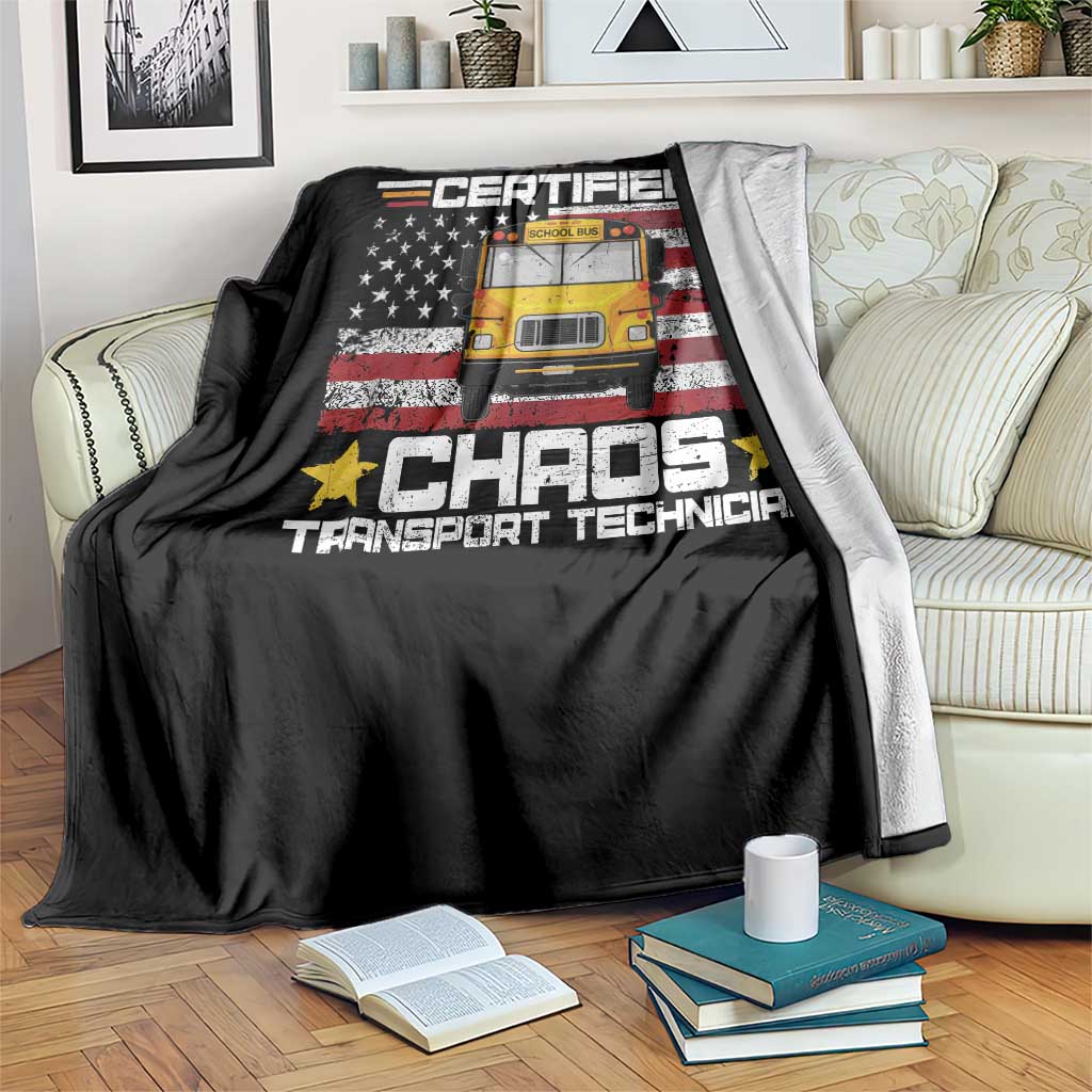 Certified Chaos Transport Technician Throw Blanket Patriotic School Bus Driver USA American Flag