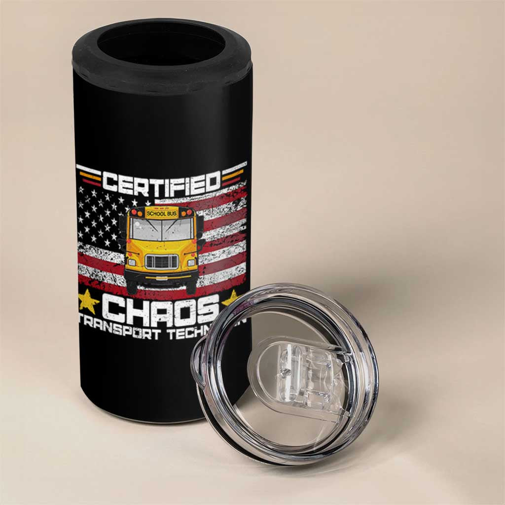 Certified Chaos Transport Technician 4 in 1 Can Cooler Tumbler Patriotic School Bus Driver USA American Flag