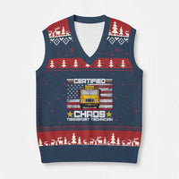 Certified Chaos Transport Technician V-Neck Knit Sweater Vest Patriotic School Bus Driver USA American Flag