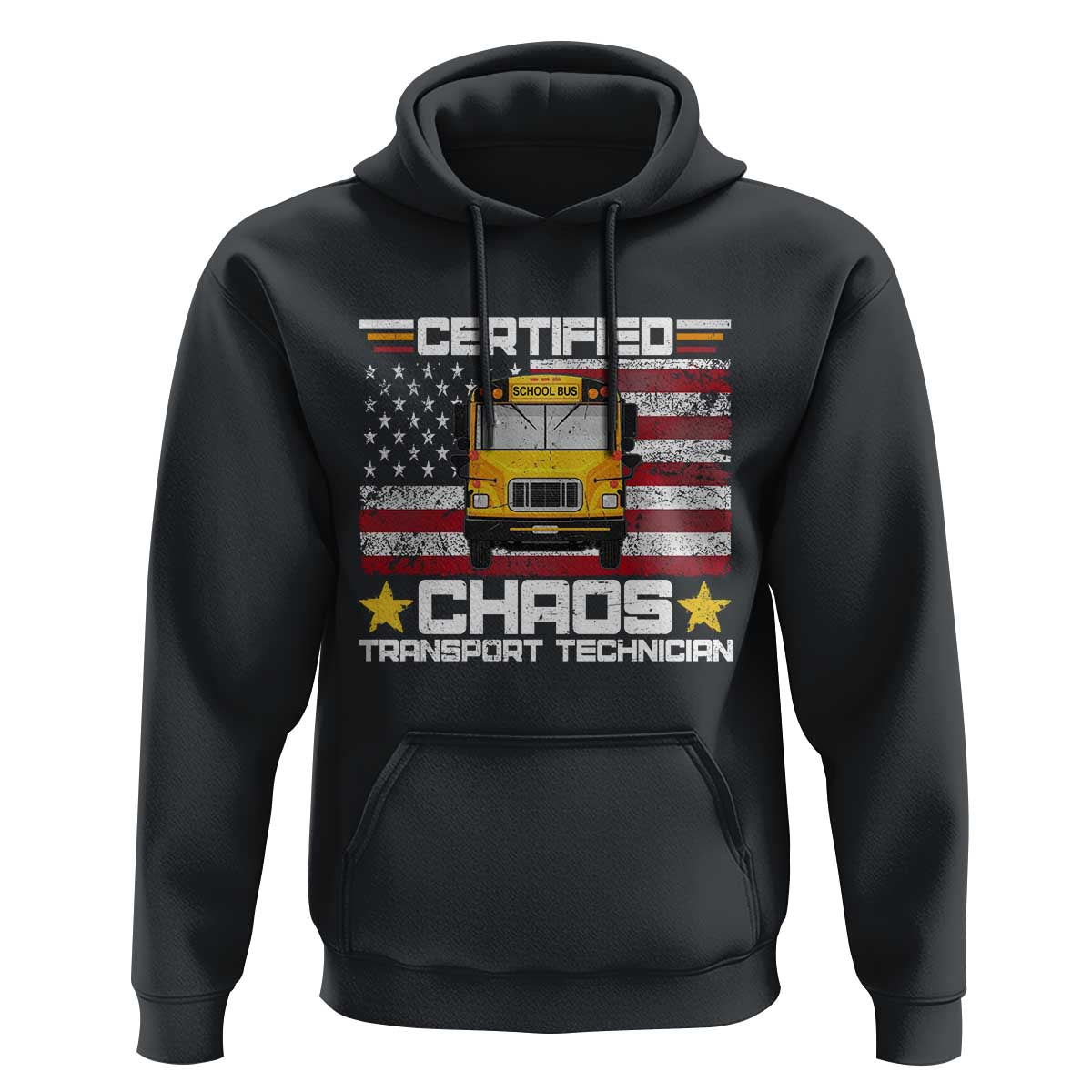 Certified Chaos Transport Technician Hoodie Patriotic School Bus Driver USA American Flag