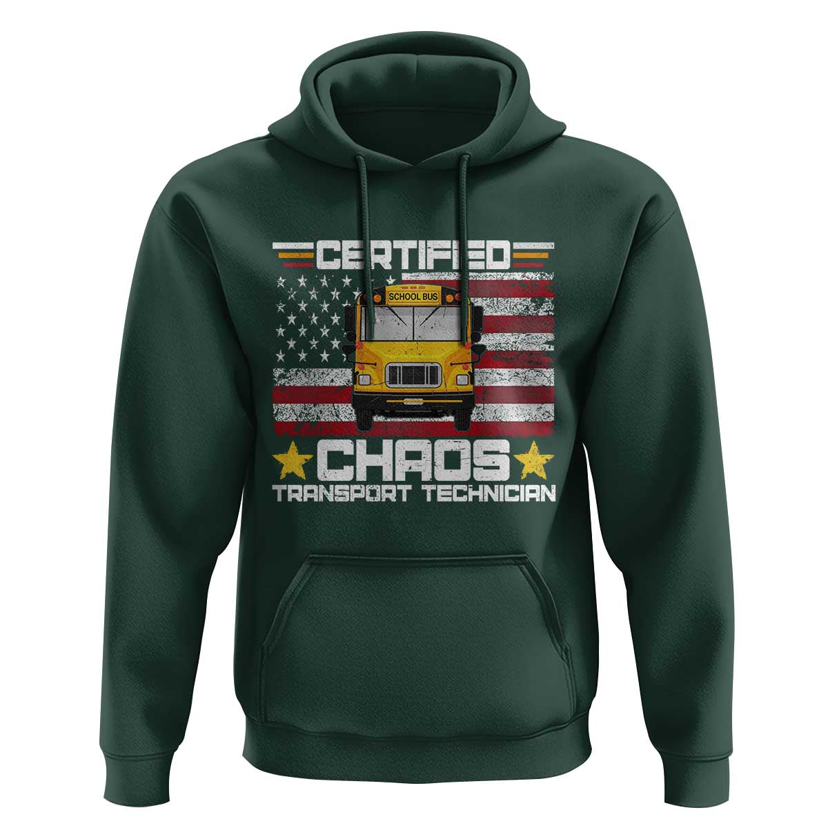 Certified Chaos Transport Technician Hoodie Patriotic School Bus Driver USA American Flag